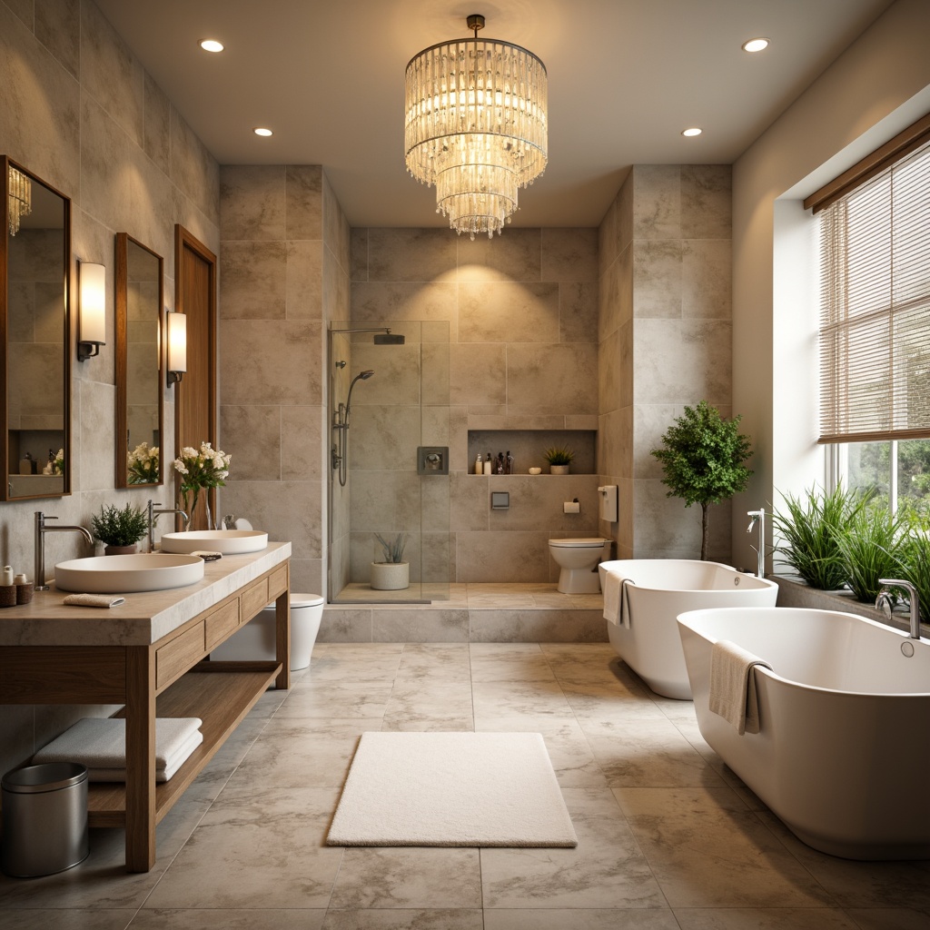 Prompt: Elegant bathroom setting, soft warm lighting, luxurious fixtures, crystal chandeliers, polished chrome finishes, frosted glass shades, marble countertops, freestanding tubs, separate showers, rain showerheads, body sprays, heated flooring, ambient illumination, 3/4 composition, shallow depth of field, realistic textures, modern minimalist design.