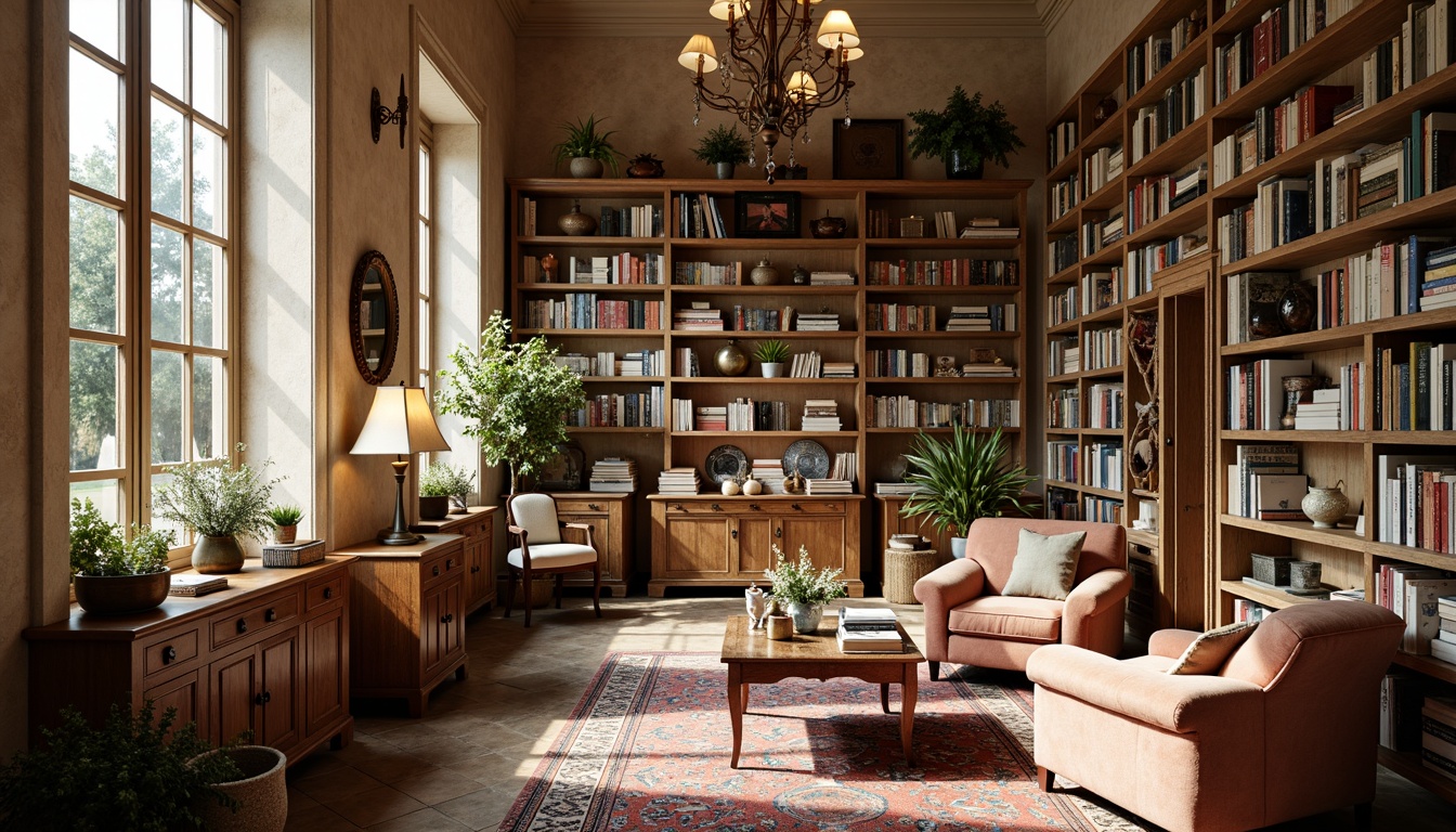 Prompt: Cozy bookstore, distressed wood shelves, vintage book collections, plush armchairs, soft velvet sofas, ornate wooden desks, antique lamp fixtures, warm beige walls, rustic stone floors, natural light pouring in, large windows, French country-inspired decor, elegant chandeliers, rich wood tones, comfortable reading nooks, decorative vases, fresh flower arrangements, warm color palette, inviting atmosphere, shallow depth of field, 1/2 composition, soft focus effect.