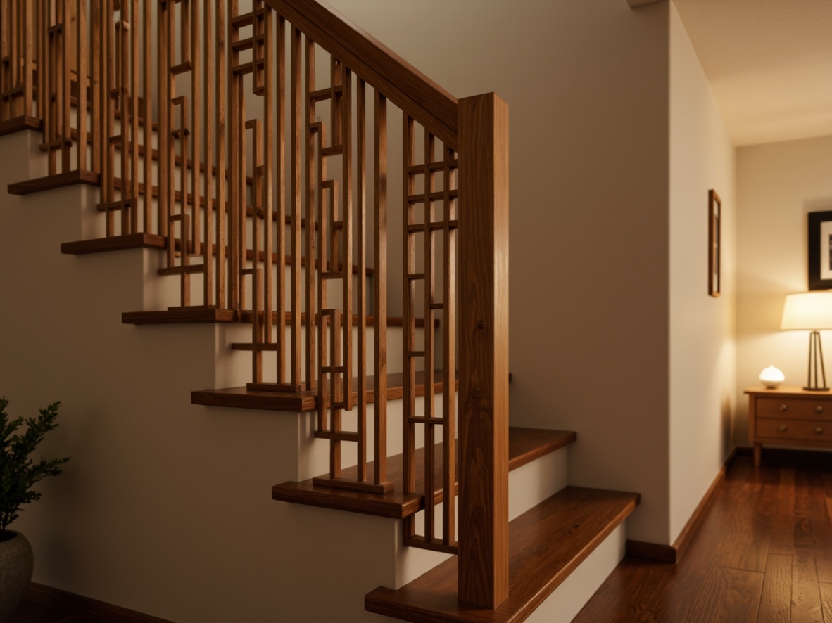 Prompt: \Intricate wooden stair railing, natural wood tones, subtle curved lines, Asian-inspired geometric patterns, warm beige walls, rich dark hardwood floors, delicate lantern-style lighting, soft warm glow, minimalist decor, serene atmosphere, shallow depth of field, 1/1 composition, realistic textures, ambient occlusion.\