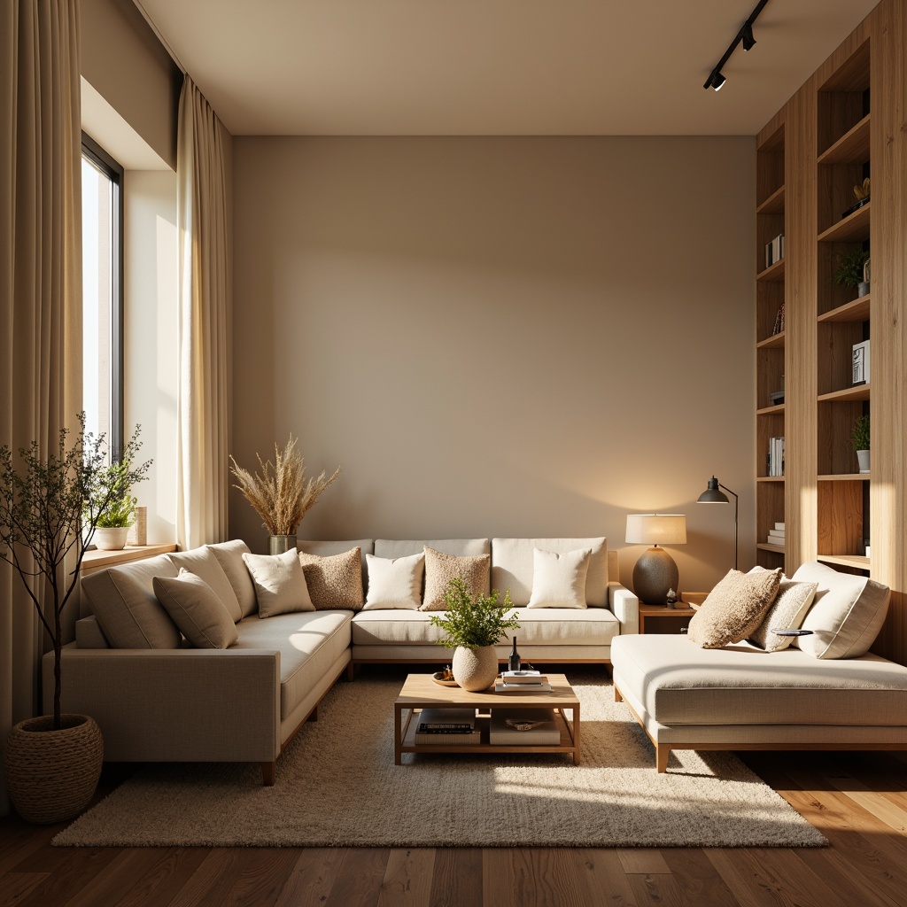 Prompt: Cozy living room, warm beige walls, plush furniture, soft cushions, gentle ambient lighting, table lamps, floor lamps, dimmable LED lights, calming atmosphere, relaxing mood, comfortable seating areas, natural textiles, wood accents, minimalist decor, serene color palette, creamy whites, pale grays, warm beiges, intimate corner spaces, dramatic shadows, 1/1 composition, shallow depth of field, realistic renderings.