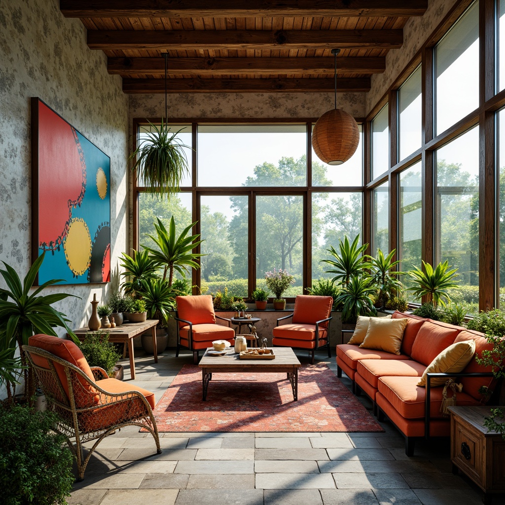 Prompt: Vibrant sunroom interior, eclectic expressionist style, bold color palette, abstract artwork, unconventional furniture shapes, ornate metal frames, lush greenery, exotic plants, natural stone flooring, reclaimed wood accents, floor-to-ceiling windows, panoramic views, abundant natural light, warm cozy ambiance, soft diffused lighting, shallow depth of field, 1/1 composition, artistic reflections, dynamic shadows, realistic textures.