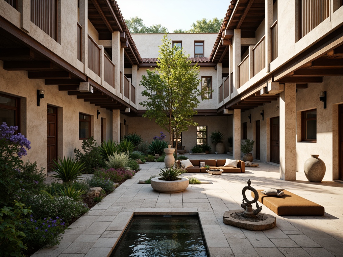 Prompt: Serene monastery courtyard, rustic stone walls, weathered wooden doors, industrial chic metal beams, exposed brick facades, minimalist modern furnishings, natural light pouring through clerestory windows, soft warm ambiance, shallow depth of field, 3/4 composition, panoramic view, realistic textures, ambient occlusion, peaceful water features, lush greenery, vibrant flowers, tranquil seating areas, ornate fountains, spiritual sculptures, warm earthy tones, distressed concrete floors, reclaimed wood accents, industrial-style lighting fixtures.