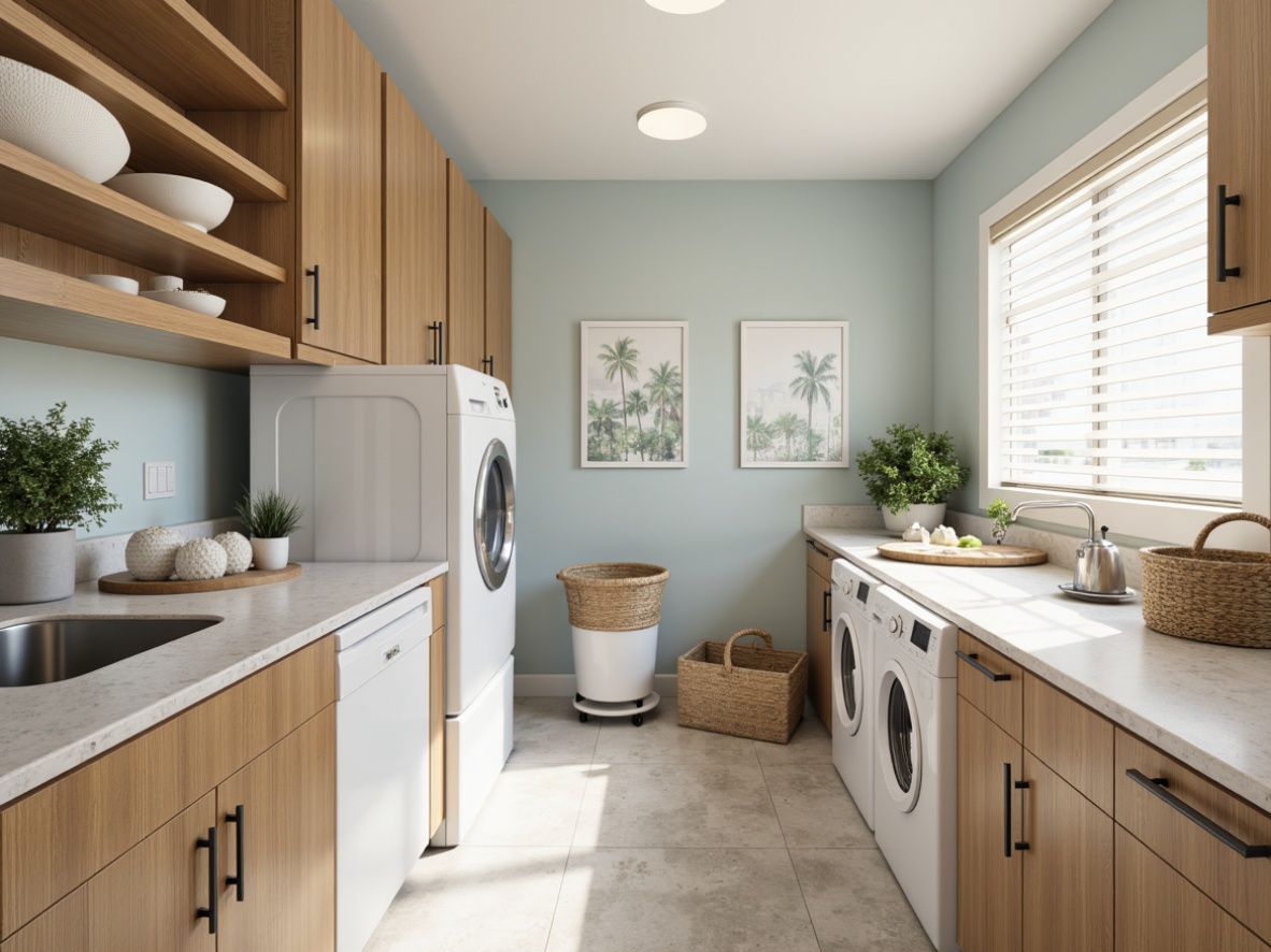 Prompt: Cozy laundry room, soft pastel hues, calming whites, creamy beiges, pale blues, warm grays, natural stone countertops, wooden cabinetry, modern appliances, sleek metal accents, ample task lighting, bright overhead lighting, subtle texture contrasts, 3/4 composition, shallow depth of field, realistic renderings.