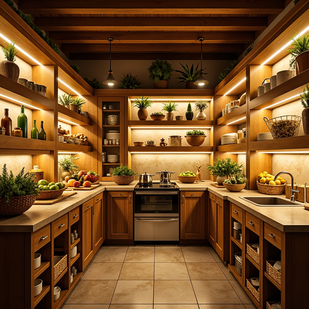 Prompt: Vibrant pantry, warm golden lighting, soft ambient glow, LED strip lights, under-cabinet illumination, glass shelves, polished chrome fixtures, rustic wooden accents, earthy tone countertops, fresh produce display, colorful ceramics, woven baskets, natural stone flooring, bright overhead lighting, 1/1 composition, shallow depth of field, realistic textures.