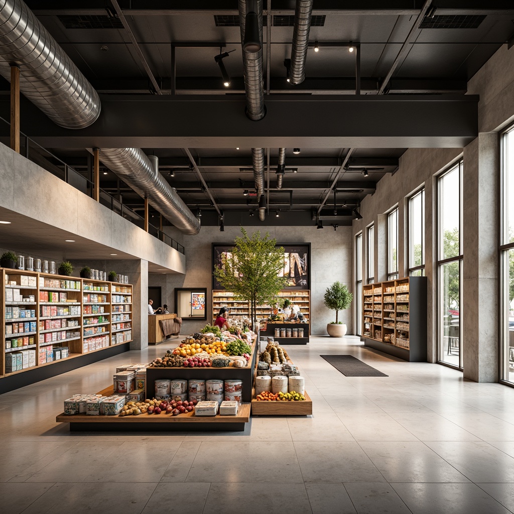 Prompt: Modern grocery store interior, minimalist decor, industrial chic shelving units, reclaimed wood accents, exposed ductwork, polished concrete floors, sleek metal beams, geometric-shaped shelves, cantilevered displays, subtle LED lighting, pastel-colored packaging, abundant natural light, 1/1 composition, shallow depth of field, softbox lighting, realistic textures, ambient occlusion.