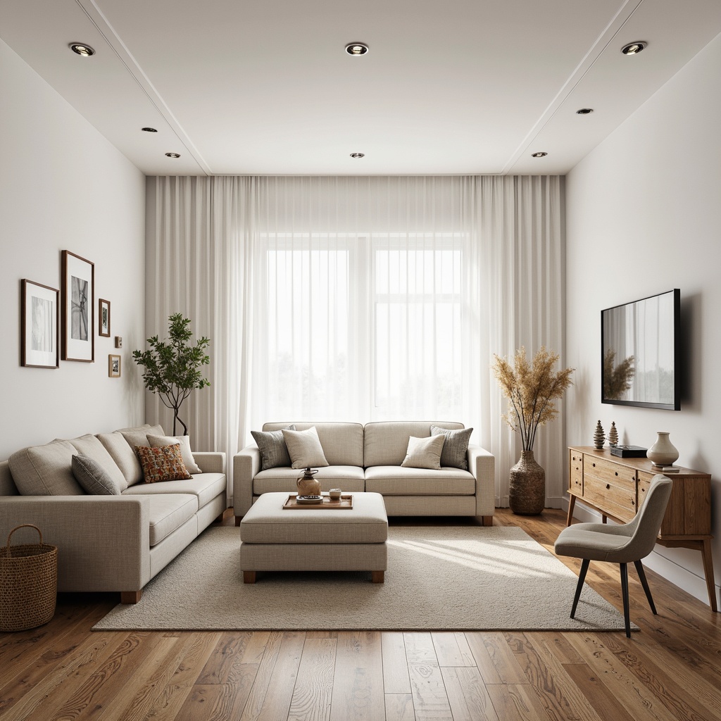 Prompt: Minimalist living room, neutral color palette, natural textures, oak wood floors, white walls, beige sofas, Nordic-inspired furniture, geometric patterns, woven baskets, pendant lighting, sheer curtains, cozy throw blankets, rustic wooden accents, subtle industrial touches, soft warm lighting, shallow depth of field, 2/3 composition, realistic textiles, ambient occlusion.