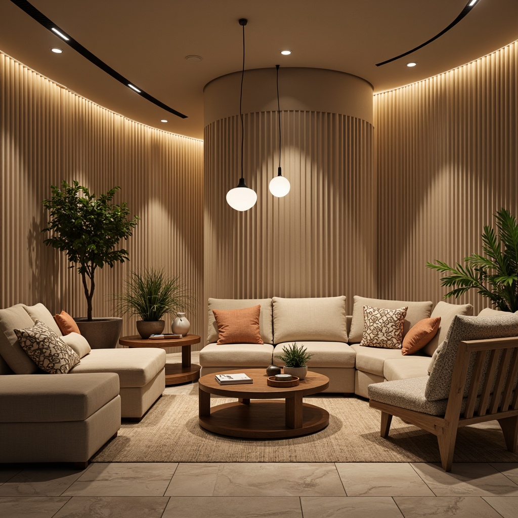 Prompt: Elegant lounge area, comfortable sofas, plush cushions, wooden coffee tables, pendant lighting, soft background music, warm beige colors, natural stone floors, modern minimalist decor, curved lines, ergonomic chair designs, vibrant greenery, fresh flower arrangements, soft warm lighting, shallow depth of field, 1/1 composition, realistic textures, ambient occlusion.