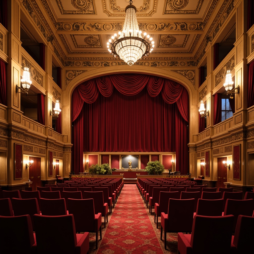 Prompt: Elegant auditorium, traditional ornate details, rich wood paneling, velvet curtains, crystal chandeliers, grand stage, red carpet, luxurious seating, intricate moldings, ornamental railings, classical columns, dramatic archways, warm golden lighting, shallow depth of field, 1/1 composition, realistic textures, ambient occlusion.