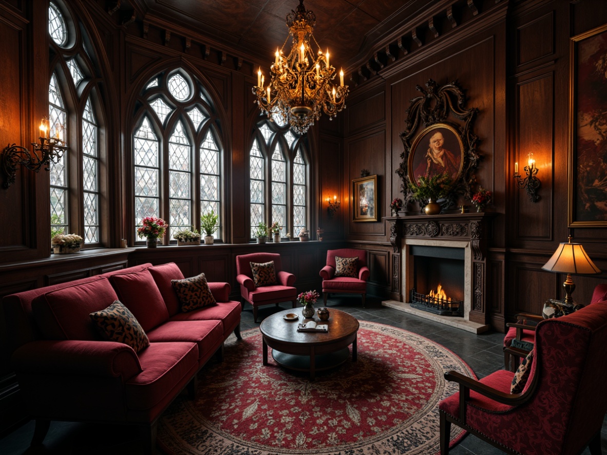 Prompt: Dark mysterious ambiance, ornate wooden furniture, velvet upholstery, rich jewel-toned fabrics, intricate carvings, grandiose chandeliers, medieval-inspired decor, heavy drapery, mystical symbols, lancet windows, pointed arches, ribbed vaults, mysterious lighting, dramatic shadows, luxurious textiles, regal colors, antique finishes, distressed wood accents, macabre accessories.