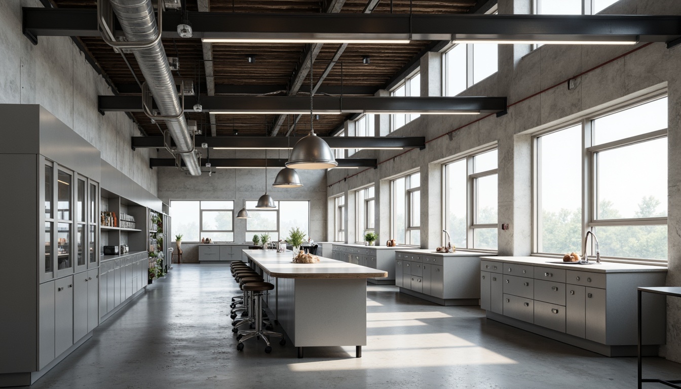 Prompt: Exposed ductwork, metal beams, concrete floors, industrial-style lighting fixtures, suspended lamps, metal Shades, LED strips, overhead lighting, task lighting, adjustable arm lights, laboratory workbenches, steel cabinets, epoxy resin countertops, glass partitions, minimalist decor, neutral color palette, high ceiling, natural light pouring in, soft shadows, 1/1 composition, realistic reflections, ambient occlusion.