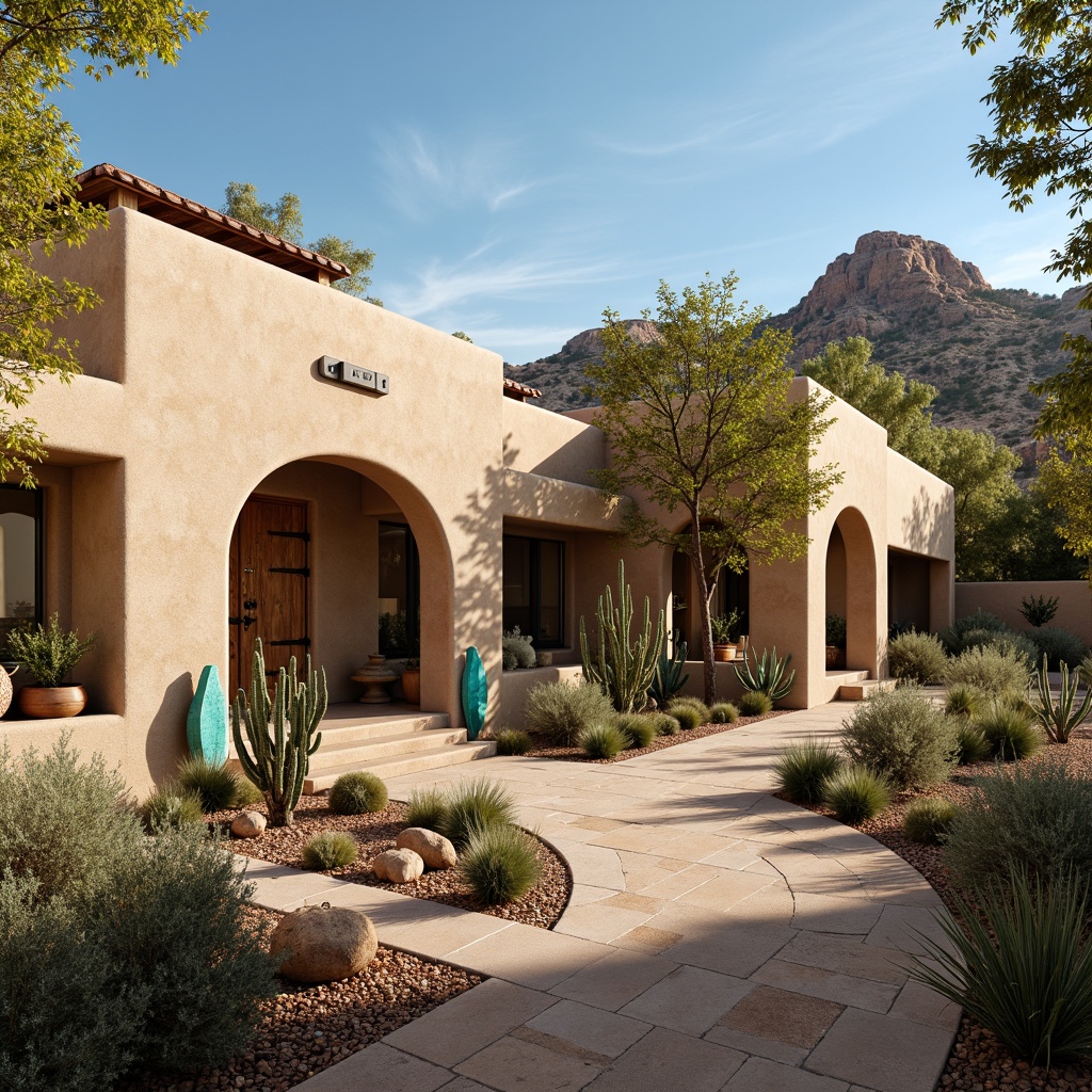 Prompt: Earthy southwestern abode, textured stucco walls, warm beige tones, curved archways, rustic wooden doors, ornate metal hinges, vibrant turquoise accents, terracotta roof tiles, lush cacti gardens, desert landscape, clear blue sky, sunny afternoon, soft warm lighting, shallow depth of field, 3/4 composition, natural stone pathways, adobe-inspired architecture, earthy color palette, traditional Native American patterns.