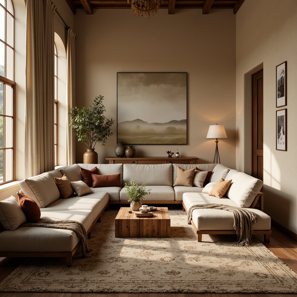 Prompt: Warm beige walls, comfortable sectional sofas, rustic wood coffee tables, plush area rugs, natural fiber textiles, earthy tones, soft warm lighting, shallow depth of field, 3/4 composition, panoramic view, realistic textures, ambient occlusion, elegant floor lamps, vintage decorative accents, cozy throw blankets, organic shapes, subtle patterns, calming atmosphere, serene ambiance.