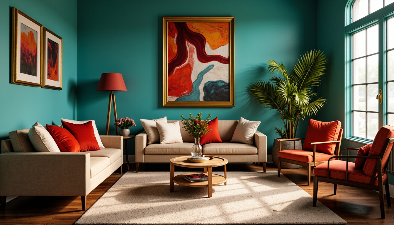 Prompt: Vibrant family room, eclectic style, rich turquoise walls, warm beige furniture, bold red accents, plush velvet pillows, natural wood floors, distressed leather armchairs, ornate golden frames, colorful abstract artwork, lush green plants, soft warm lighting, cozy atmosphere, 1/1 composition, shallow depth of field, realistic textures.