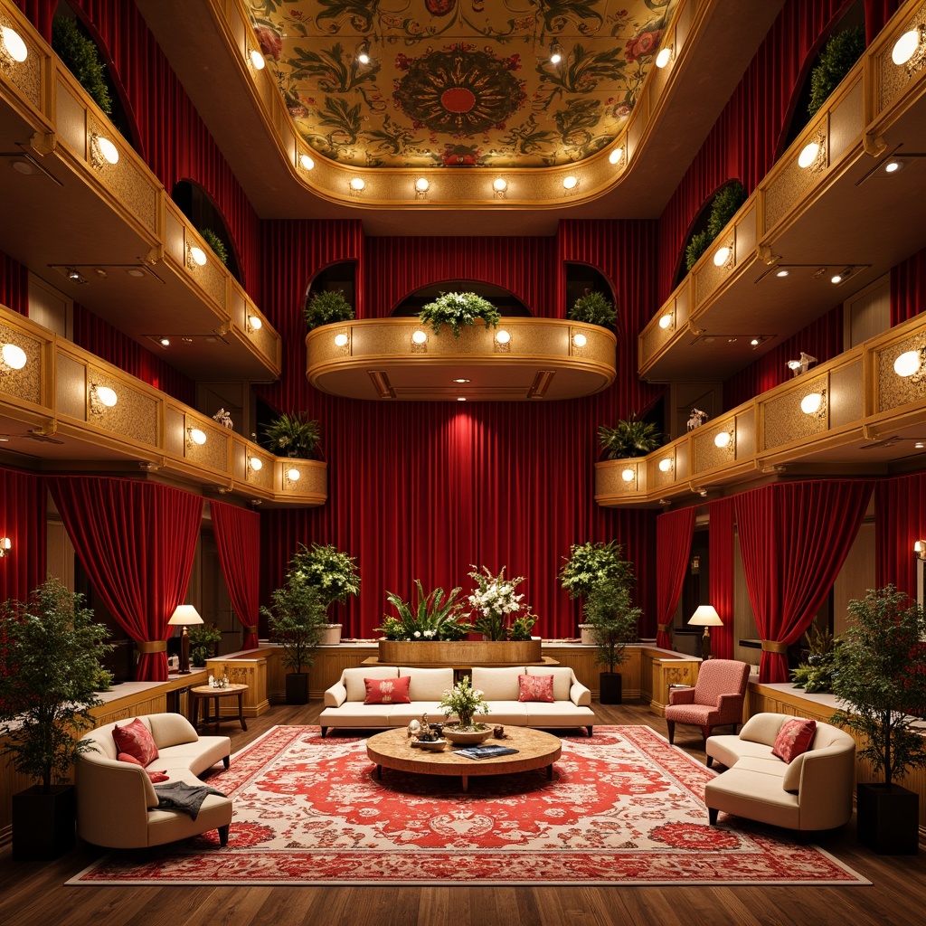 Prompt: Elegant opera house interior, mid-century modern style, plush red velvet curtains, ornate golden balconies, sweeping grand staircases, luxurious wooden floors, richly patterned rugs, sophisticated furniture designs, curved lines, tapered legs, tufted upholstery, bold colorful accents, dramatic lighting fixtures, crystal chandeliers, statement pieces, retro-inspired decorative elements, lavish textiles, opulent fabrics, refined architectural details, warm inviting ambiance, soft warm lighting, shallow depth of field, 2/3 composition, realistic textures, ambient occlusion.