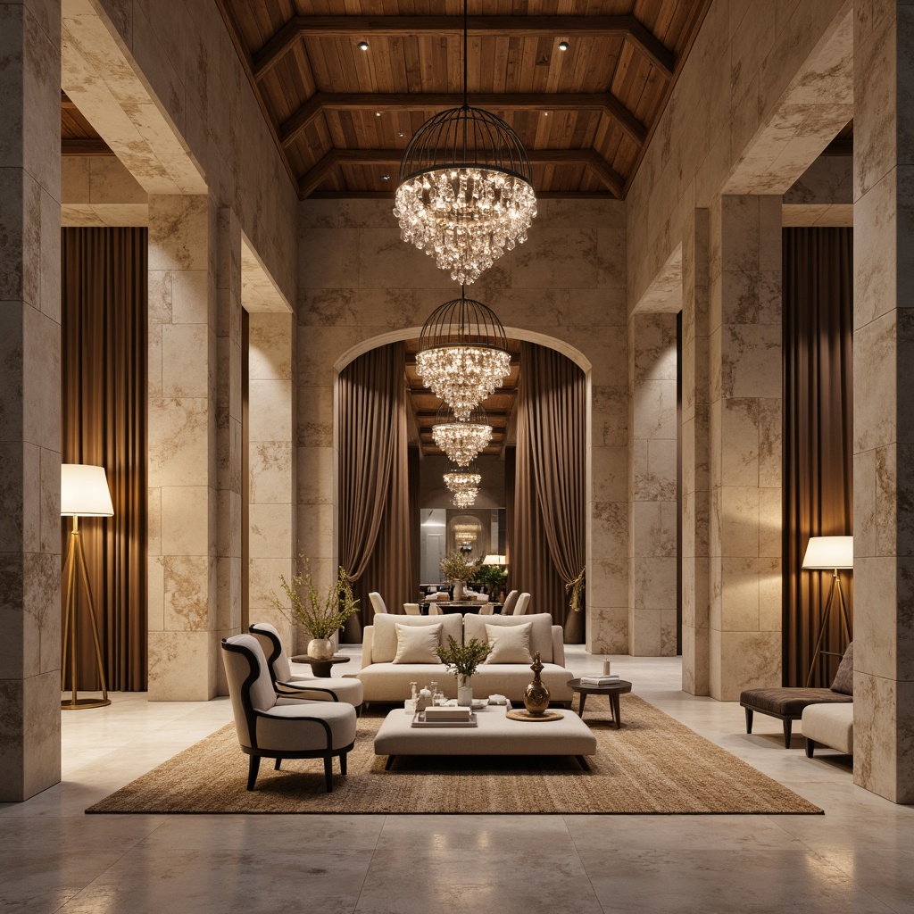 Prompt: Luxurious stone-textured walls, earthy tone color palette, natural stone flooring, warm ambient lighting, soft glowing lamps, metallic accents, minimalist decor, cozy seating areas, plush throw blankets, nature-inspired patterns, subtle gradient effects, warm beige hues, creamy whites, rich wood tones, delicate crystal fixtures, refined metalwork, sophisticated chandeliers, dramatic floor-to-ceiling draping, opulent velvet fabrics, lavish marble surfaces, ornate mirrors, grandiose archways.