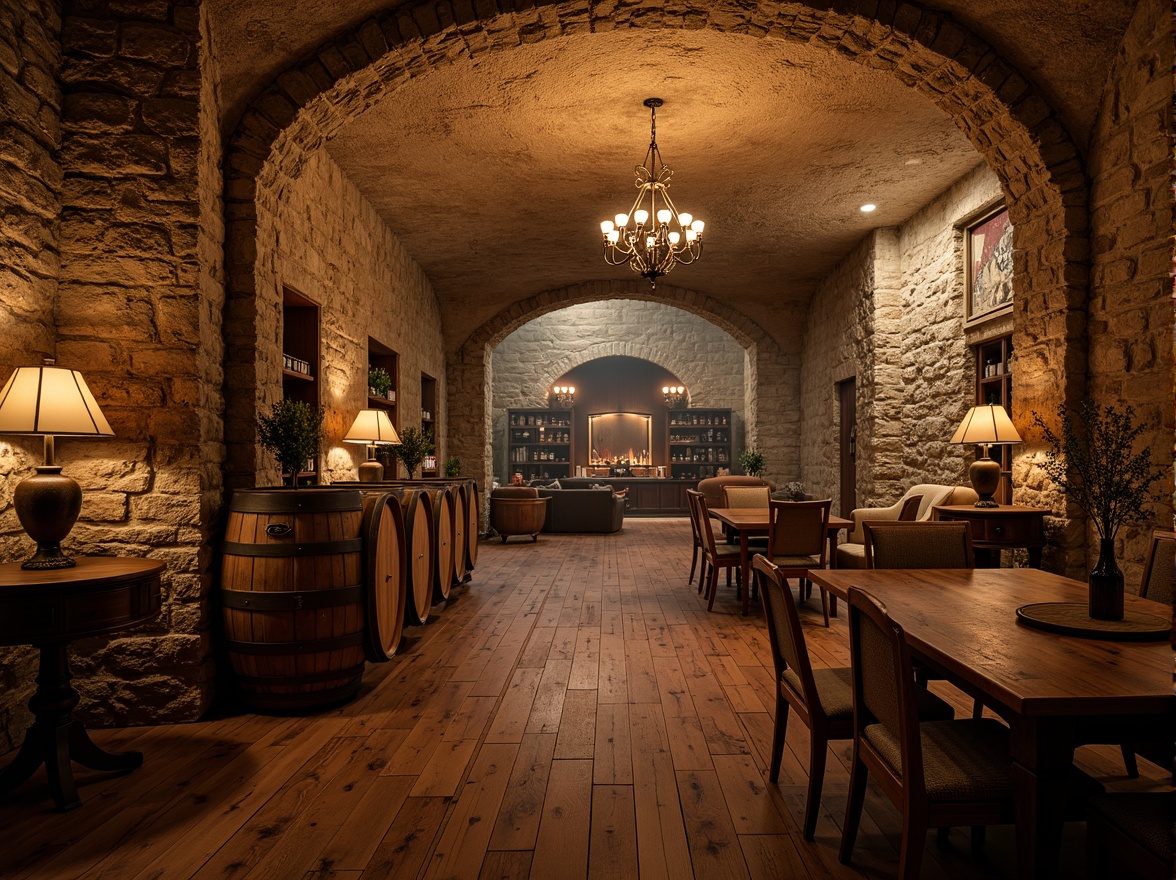 Prompt: Rustic wine cellar, stone walls with aged patina, warm earthy tones, dimmed soft lighting, wooden barrels, metal accents, elegant chandeliers, rich wood flooring, ornate furnishings, vintage wine bottles, sophisticated ambiance, intimate seating areas, natural rock formations, earthy aromas, misty atmosphere, shallow depth of field, 1/1 composition, realistic textures, ambient occlusion.