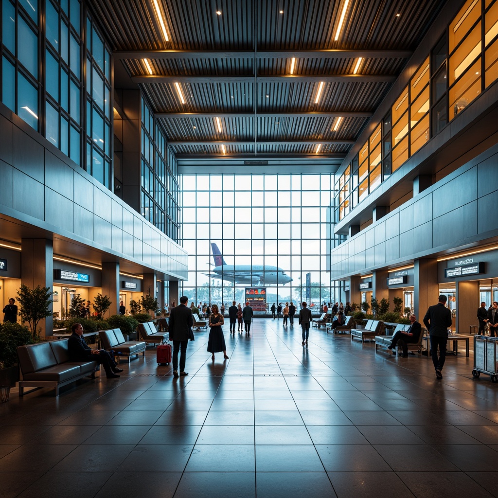 Prompt: Sleek airport terminal, modern architecture, high ceilings, floor-to-ceiling windows, natural light pouring in, stylish lighting fixtures, minimalist design, LED strips, ambient glow, soft warm illumination, suspended lanterns, geometric shapes, metallic materials, brushed aluminum, chrome accents, futuristic ambiance, bustling atmosphere, busy travelers, luggage carts, airport signage, digital displays, sleek benches, polished floors, shiny surfaces, dynamic shadows, low-key lighting, 1/1 composition, realistic reflections.