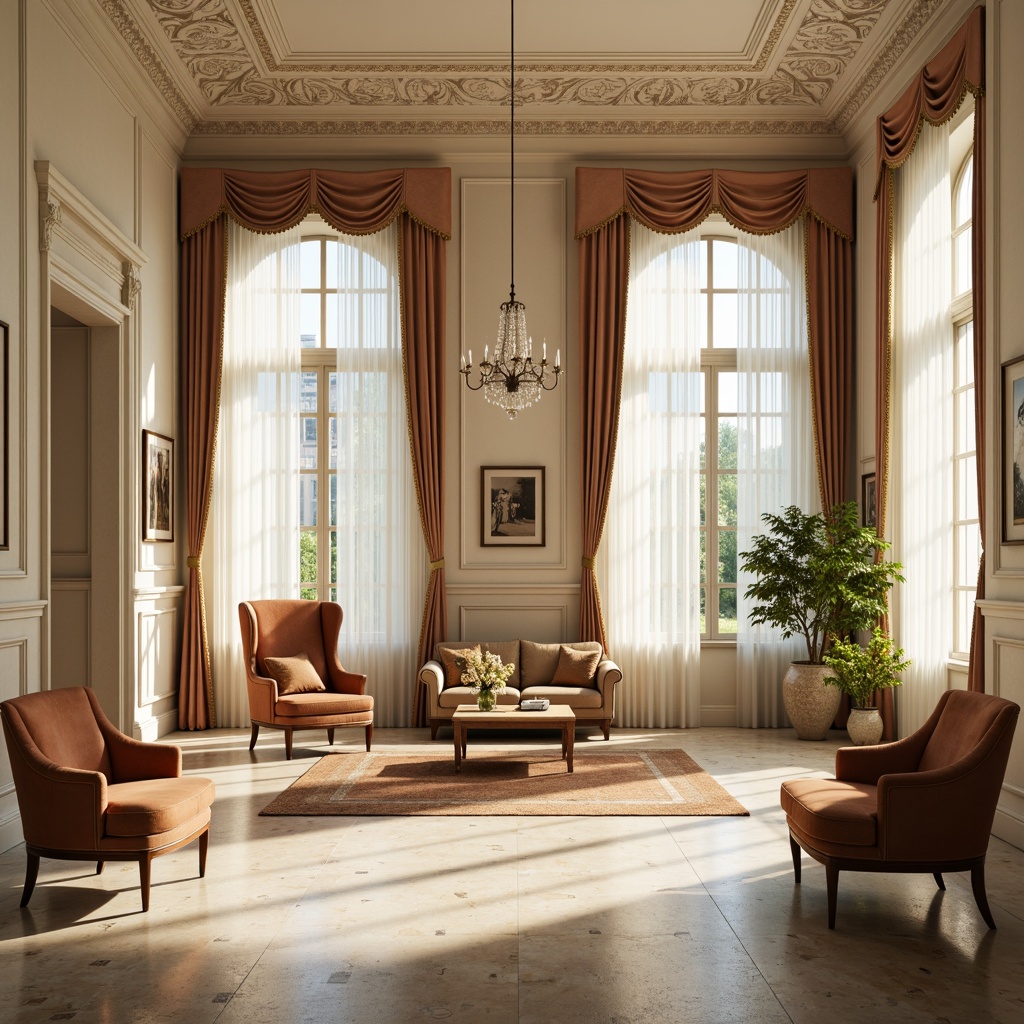 Prompt: Elegant classical interior, soft cream walls, rich walnut wood furniture, ornate gold accents, velvet upholstery, subtle sheen fabrics, warm beige marble floors, intricate moldings, ornamental plaster ceilings, crystal chandeliers, luxurious drapery, refined proportions, balanced compositions, natural light pouring through tall windows, subtle shadows, soft focus, 1/2 composition, realistic textures, ambient occlusion.