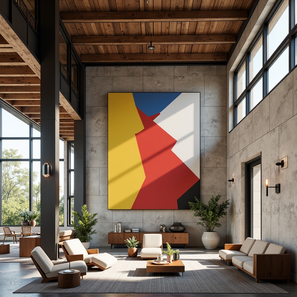 Prompt: Geometric patterns, industrial materials, raw concrete walls, metal beams, wooden accents, minimalist decor, functional furniture, bold color blocks, primary color palette, natural light pouring in, large windows, open floor plan, modernist architecture, brutalist influences, distressed wood textures, cold metallic surfaces, matte finishes, sparse ornamentation, abstract artwork, avant-garde sculptures, warm ambient lighting, soft shadows, 1/1 composition, realistic renderings.