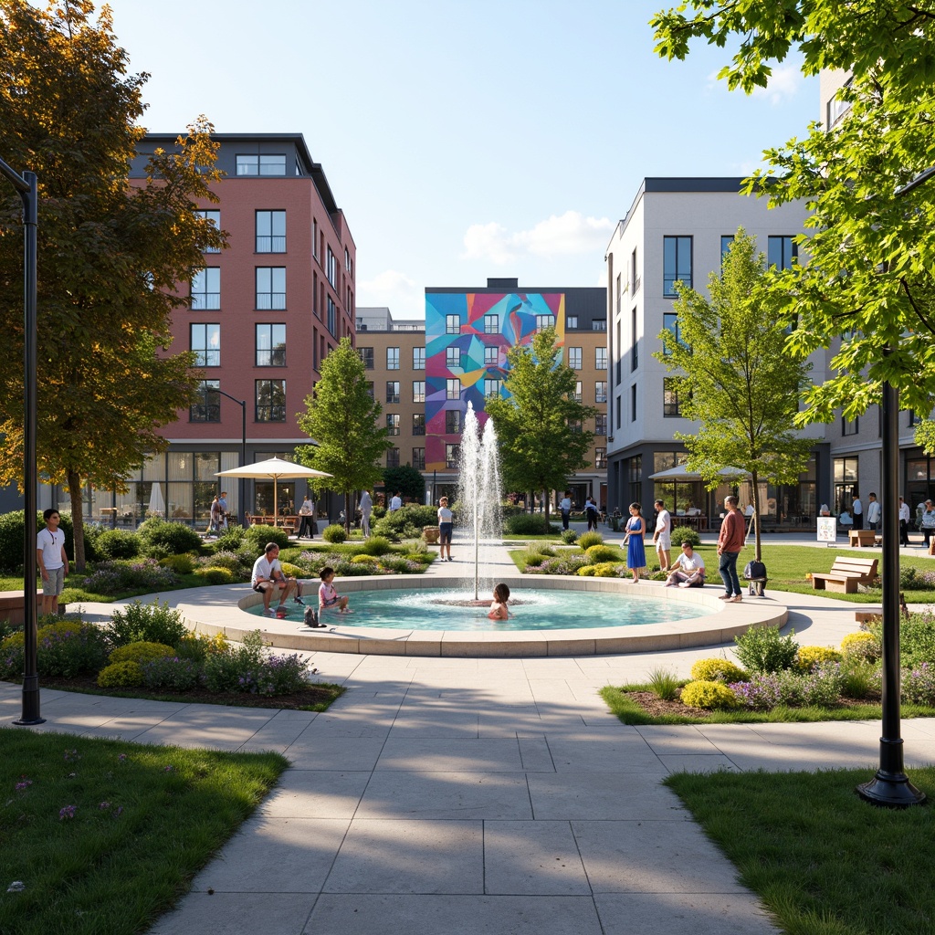 Prompt: Vibrant public plaza, lush greenery, interactive fountain features, seating areas, community art installations, pedestrian-friendly pathways, modern streetlights, urban furniture, inclusive accessibility design, wheelchair-accessible ramps, ample shade structures, colorful mural artworks, dynamic lighting systems, 3/4 composition, shallow depth of field, realistic textures, ambient occlusion.