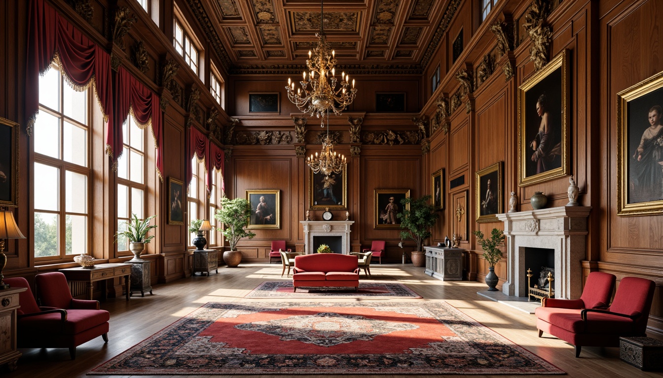 Prompt: Renaissance-inspired interior, ornate wood carvings, rich velvet fabrics, grandiose chandeliers, intricately patterned rugs, luxurious silk drapes, gilded frames, classical sculptures, marble fireplaces, high ceilings, large windows, natural light pouring in, soft warm lighting, 3/4 composition, realistic textures, ambient occlusion.