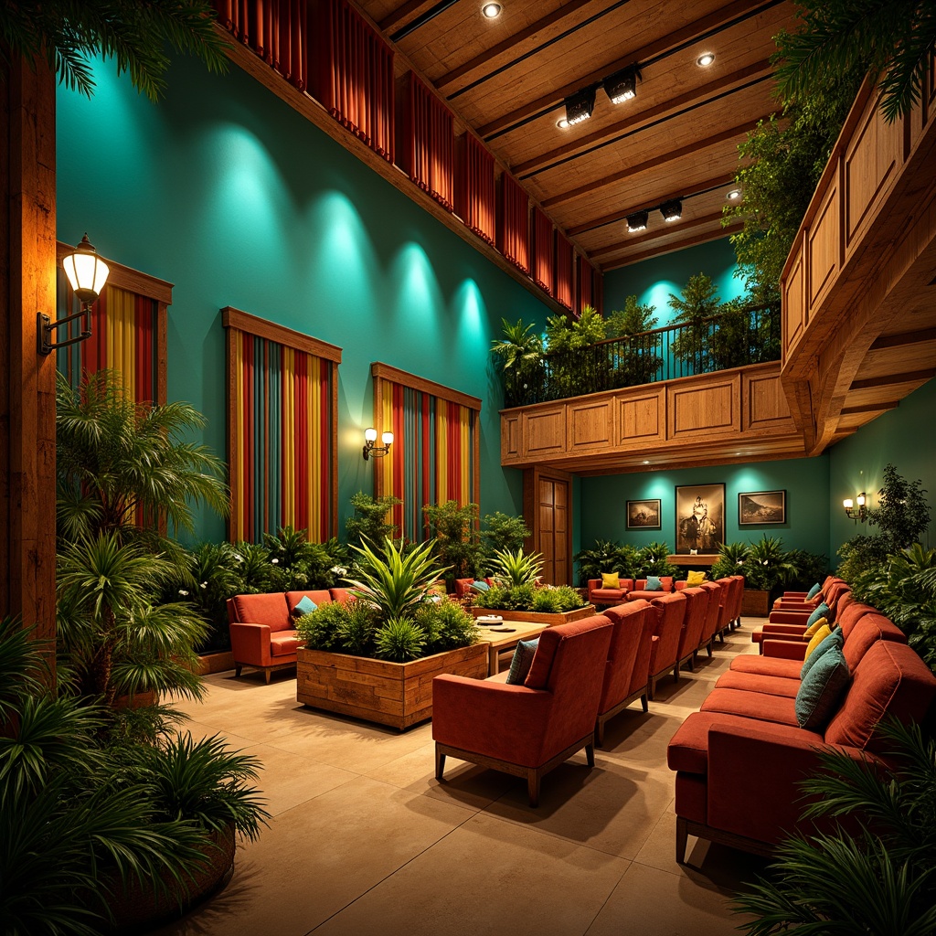 Prompt: Tropical theater interior, vibrant turquoise walls, exotic wood accents, lush greenery, dramatic spotlights, warm golden lighting, soft glowing lanterns, rustic metal fixtures, colorful tassel details, cozy plush seating, elegant velvet curtains, ornate wooden trim, subtle scent of frangipani, refreshing ocean breeze, sunset-inspired color palette, warm beige flooring, ambient stage lighting, soft focus photography, 1/2 composition, cinematic atmosphere.