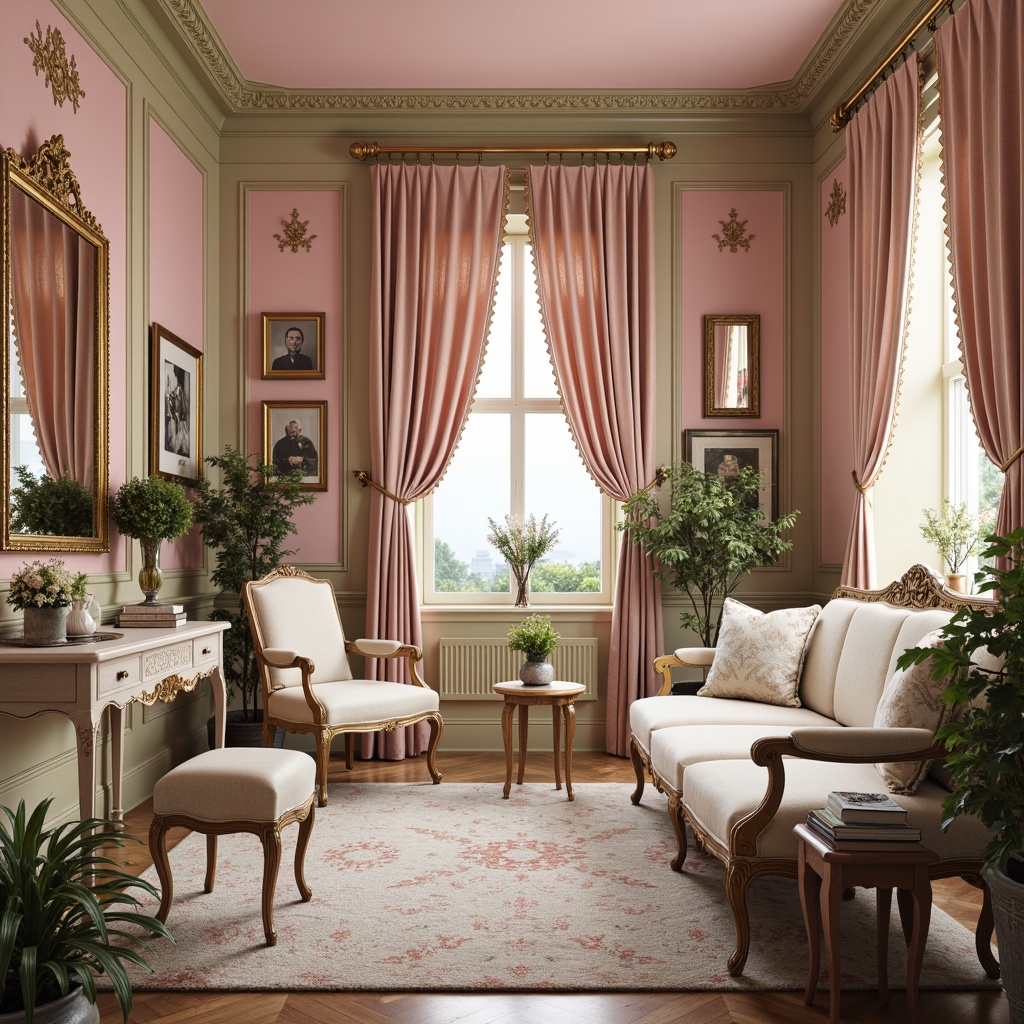 Prompt: Richly ornamented home office, soft pastel hues, pale pink walls, creamy white furniture, gilded gold accents, intricate carvings, ornate mirrors, velvet drapes, lush greenery, delicate florals, antique furnishings, curved lines, scalloped edges, ornamental details, warm candlelight, gentle shadows, subtle sheen, 1/1 composition, intimate atmosphere, realistic textures, ambient occlusion.