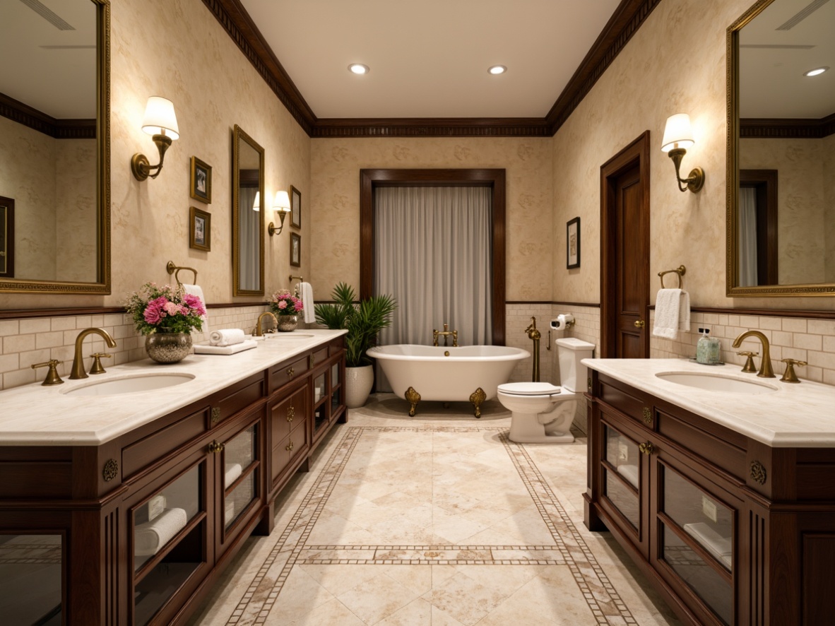 Prompt: Academic bathroom, traditional ornate moldings, elegant marble countertops, luxurious glass tile backsplashes, warm beige walls, rich wood cabinetry, soft gold lighting fixtures, ornate metal door handles, classic pedestal sinks, freestanding tubs, decorative ceramic floor tiles, subtle texture variations, 1/1 composition, realistic material reflections, ambient occlusion.