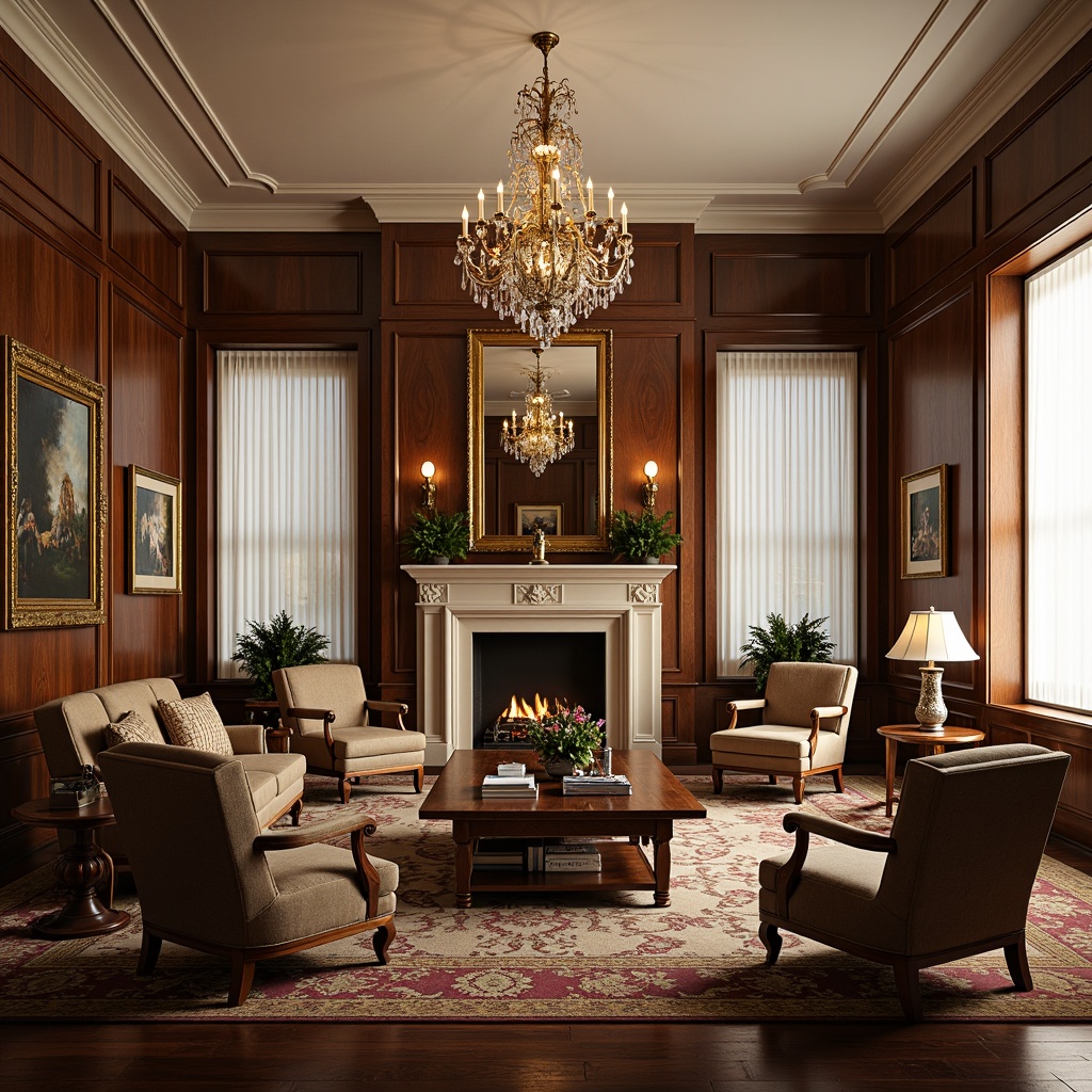 Prompt: Elegant family room, rich wood paneling, ornate mirrors, plush velvet sofas, carved wooden armchairs, intricate coffee tables, luxurious woolen rugs, subtle cream walls, grand crystal chandeliers, soft golden lighting, symmetrical composition, 2/3 rule of thirds, warm inviting atmosphere, cozy reading nooks, classic Neoclassicism style, ornate moldings, Corinthian columns, subtle patterned fabrics, comfortable seating areas, refined luxurious decor.