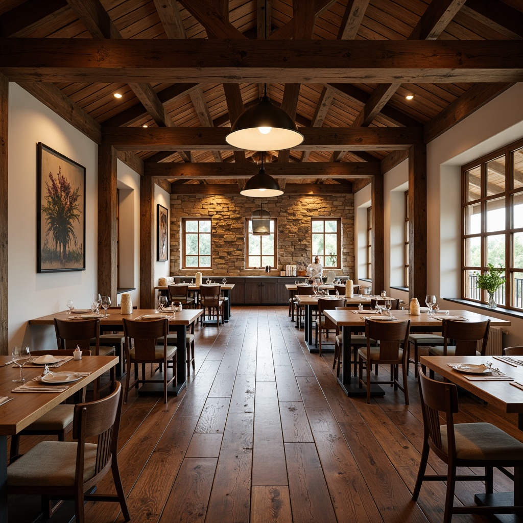 Prompt: Rustic craftsman dining hall, wooden plank flooring, exposed beam ceiling, natural stone walls, earthy color palette, wooden furniture, rectangular tables, captain's chairs, linen upholstery, bronze metal accents, pendant lighting, warm soft glow, shallow depth of field, 1/1 composition, symmetrical layout, rich textures, ambient occlusion.