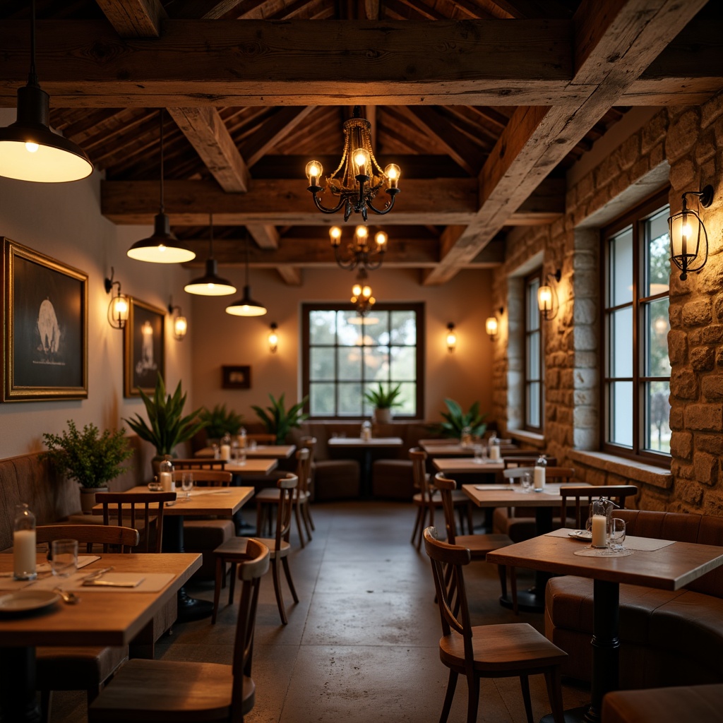 Prompt: Rustic wooden beams, warm pendant lights, wrought iron chandeliers, candle-like lanterns, earthy tone finishes, natural stone walls, wooden tables, vintage metal chairs, traditional craftsmanship, cozy atmosphere, soft warm lighting, shallow depth of field, 3/4 composition, realistic textures, ambient occlusion.