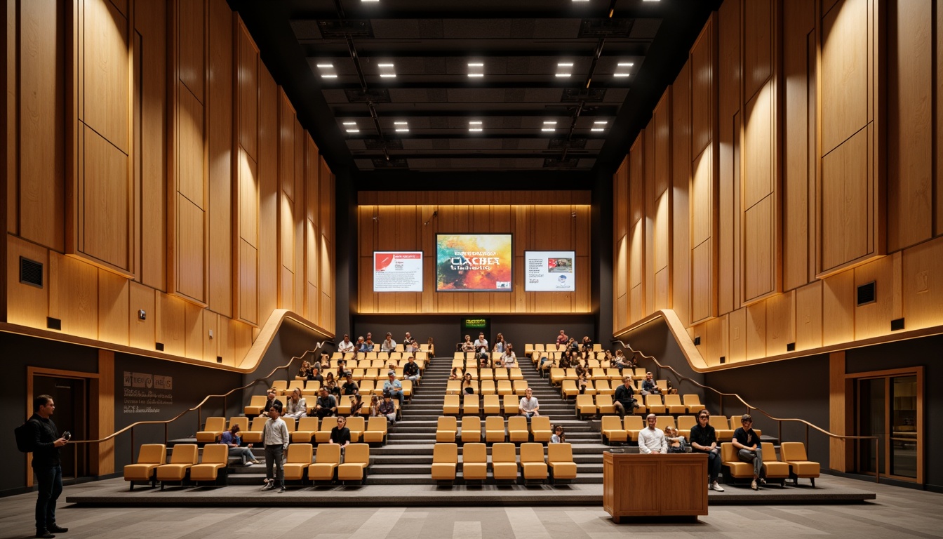 Prompt: Contemporary auditorium interior, wooden acoustic panels, sound-absorbing materials, curved lines, minimalist design, sleek metallic frames, warm LED lighting, comfortable seating, educational signage, modern lectern, professional audio equipment, high ceilings, neutral color palette, sound-reflection management, optimal reverberation time, 1/1 composition, shallow depth of field, realistic textures, ambient occlusion.