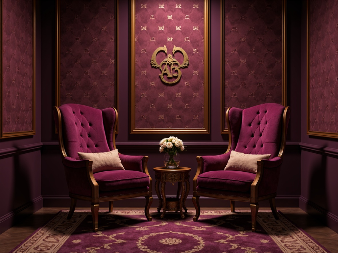 Prompt: Rich plum hue, luxurious velvet texture, ornate golden accents, soft cream undertones, warm beige backgrounds, elegant serif typography, subtle woodgrain patterns, sophisticated dark walnut furniture, lavish silk fabrics, mysterious twilight atmosphere, dramatic spot lighting, 1/2 composition, shallow depth of field, realistic material textures.