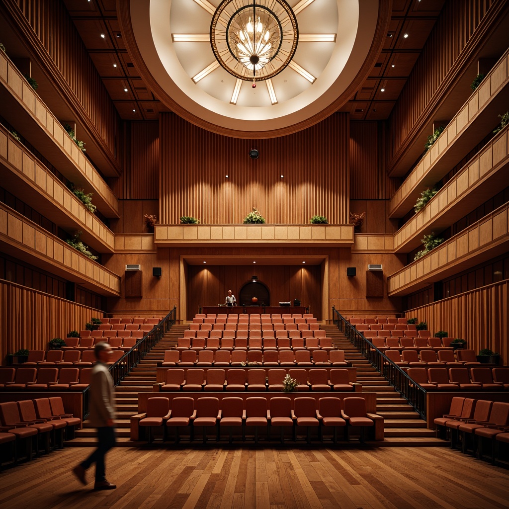 Prompt: Elegant academic auditorium, wooden paneling, subtle warm lighting, suspended ceiling lamps, ornate chandeliers, softbox lights, tiered seating, rich velvet curtains, polished wooden floors, intricate moldings, refined architectural details, natural daylight, diffused overhead lighting, 1/2 composition, symmetrical framing, realistic textures, ambient occlusion.