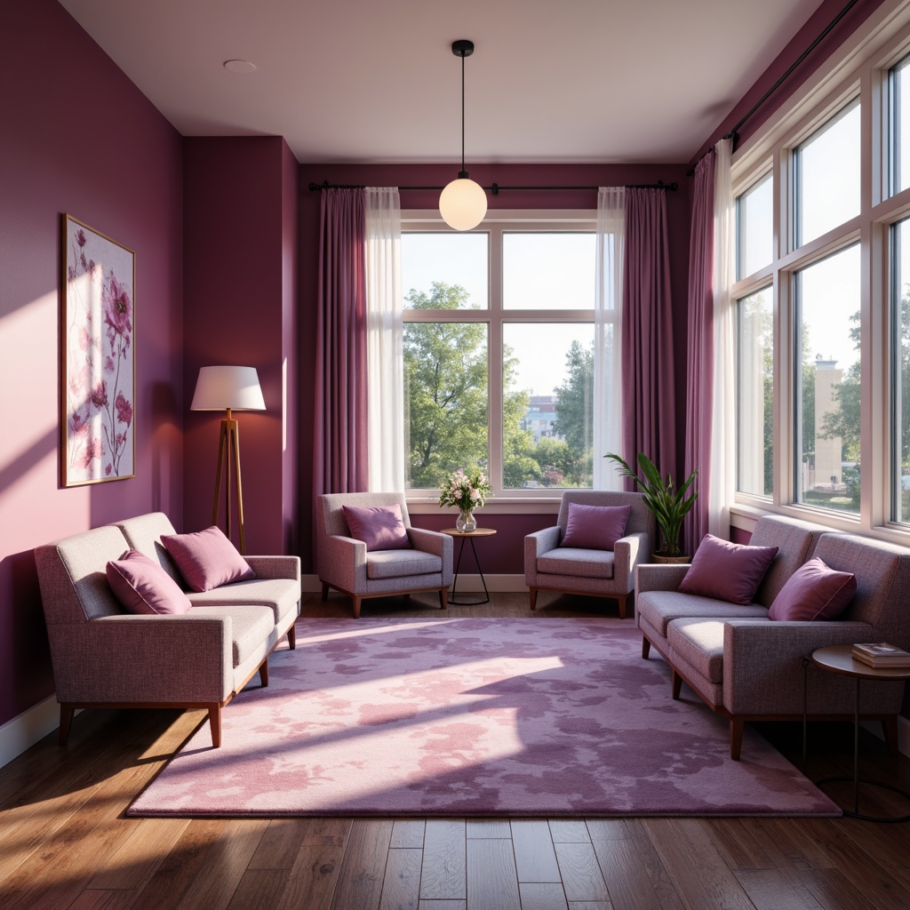 Prompt: Rich plum accent walls, soothing mauve furniture, warm burgundy flooring, calming lavender decor, gentle eggplant tone curtains, serene blush pink artwork, natural light pouring in through large windows, peaceful rehabilitation areas, comfortable seating arrangements, soft warm lighting, shallow depth of field, 3/4 composition, realistic textures, ambient occlusion.