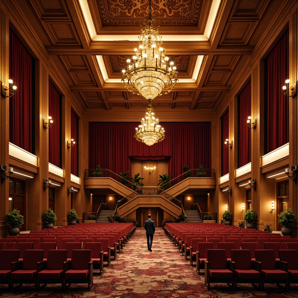 Prompt: Elegant academic auditorium, tiered seating, wooden paneling, ornate chandeliers, warm golden lighting, softbox lights, dimmable LED strips, floor-to-ceiling curtains, richly textured carpets, luxurious upholstery, classical architectural details, high ceilings, grand entranceways, sweeping staircases, dramatic spotlights, subtle ambient glow, 1/1 composition, symmetrical framing, realistic materials, detailed normal maps.