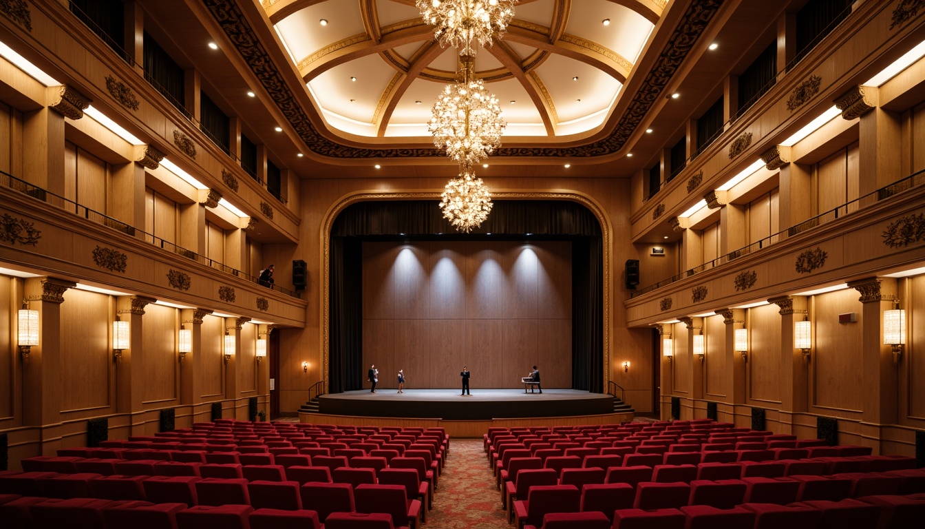 Prompt: Opera house interior, mid-century modern style, ornate chandeliers, rich wood paneling, plush red velvet seats, gold leaf accents, intricate moldings, curved lines, minimalist stage design, subtle lighting, warm beige walls, acoustic panels, sound-absorbing materials, diffused ceiling lights, elegant balconies, ornate railings, sophisticated textures, soft warm ambiance, shallow depth of field, 1/1 composition, realistic reflections, ambient occlusion.