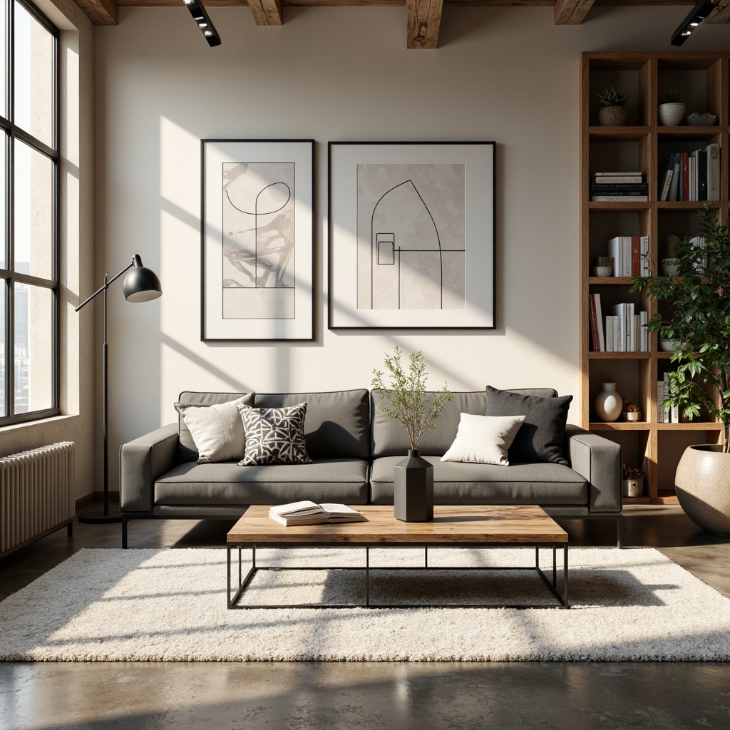 Prompt: Modern living room, sleek low-profile sofa, minimalist coffee table, industrial metal legs, reclaimed wood accents, soft plush area rug, floor-to-ceiling windows, natural light pouring in, airy feel, urban loft atmosphere, abstract art pieces, geometric patterned throw pillows, monochromatic color scheme, matte black metal frames, LED floor lamps, cozy reading nook, built-in shelving units, warm beige walls, polished concrete floors, Scandinavian-inspired design, functional decor, 3/4 composition, realistic textures, soft box lighting.