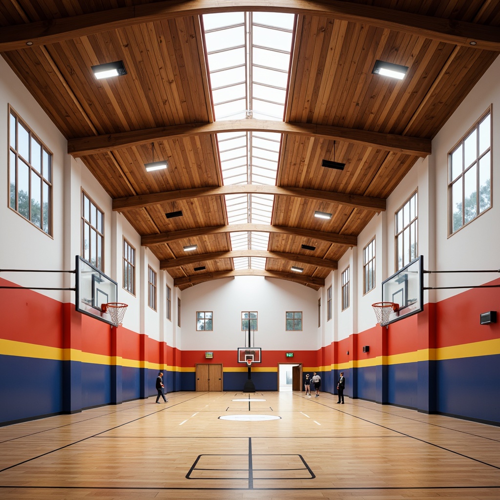 Prompt: Modern gymnasium interior, high ceilings, polished wooden floors, basketball hoops, sports equipment, vibrant color accents, natural daylight, clerestory windows, LED track lighting, indirect ambient illumination, soft warm glow, dynamic spotlights, adjustable beam angles, energy-efficient solutions, sustainable materials, minimalist design, open spaces, athletic atmosphere, energetic ambiance, 3/4 composition, realistic textures, subtle shadows, soft focus blur.