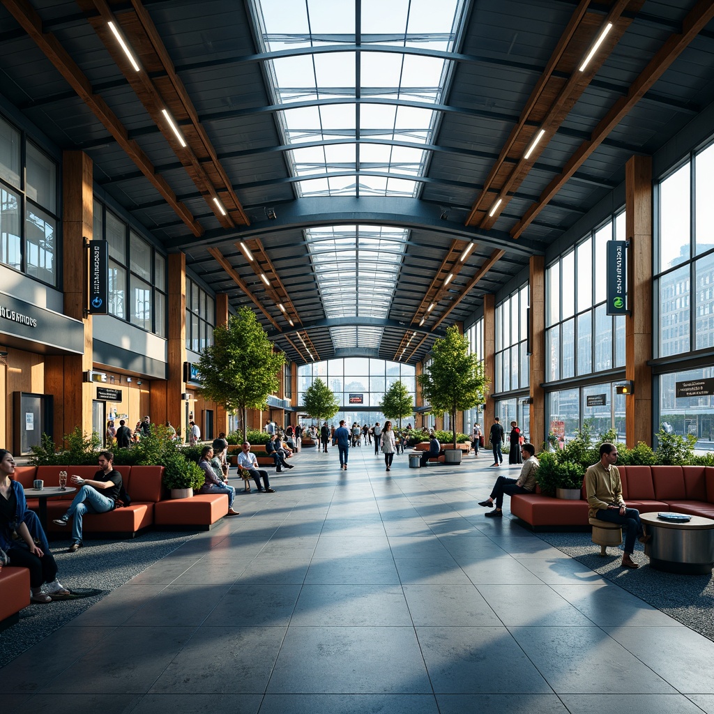 Prompt: Vibrant train station, modern architecture, sleek metal beams, large glass ceilings, bright LED lighting, warm wood accents, comfortable seating areas, urban cityscape, busy morning commute, soft natural light, shallow depth of field, 1/1 composition, realistic textures, ambient occlusion, calming blue hues, soothing green tones, energetic yellow accents, rich brown woods, subtle grey stone floors.