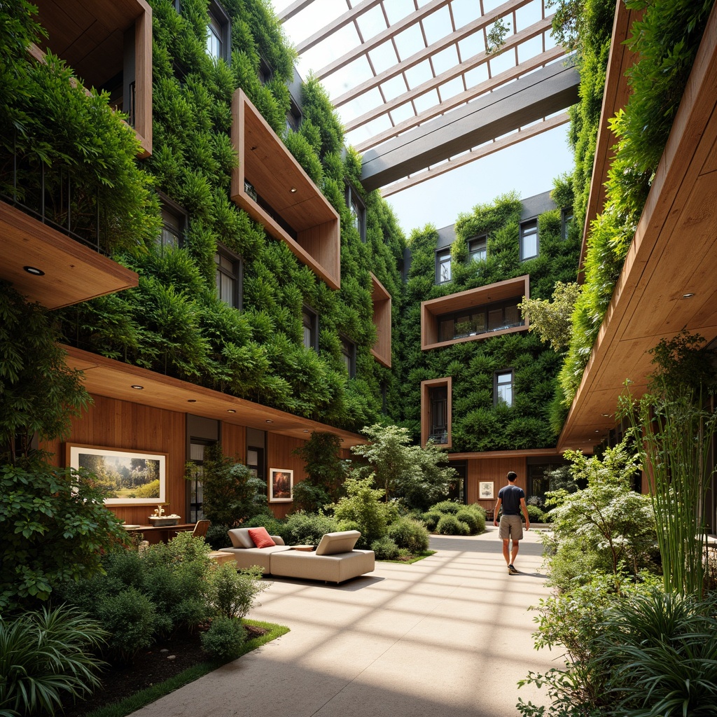 Prompt: Lush green walls, abundant foliage, natural ventilation, wooden accents, earthy tones, organic shapes, curved lines, minimalist decor, educational exhibits, botanical displays, interactive learning tools, comfortable seating areas, warm soft lighting, shallow depth of field, 1/2 composition, intimate atmosphere, realistic textures, ambient occlusion.