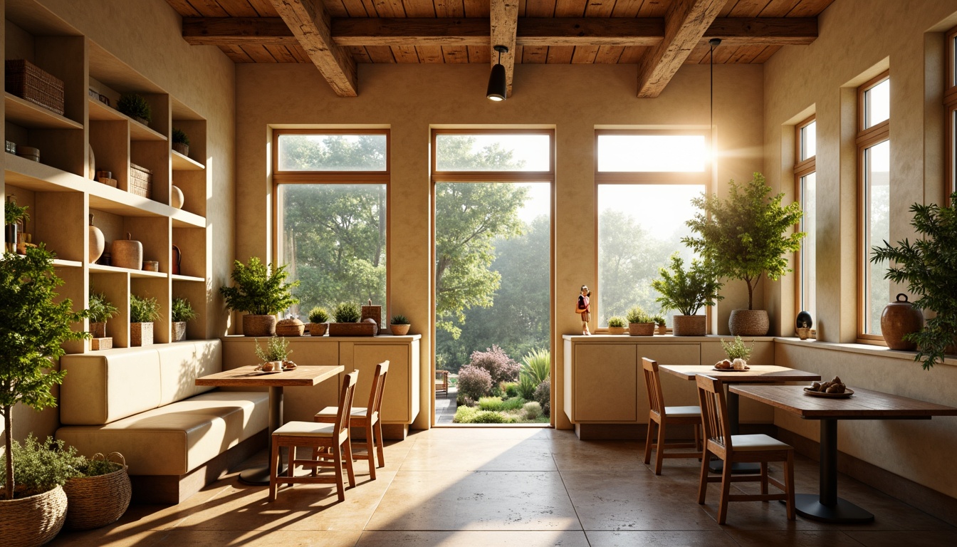 Prompt: Cozy breakfast nook, warm beige walls, soft cream-colored cabinets, rustic wooden tables, plush cushioned chairs, natural stone flooring, abundant greenery, sunny morning light, gentle warm glow, shallow depth of field, 1/1 composition, intimate atmosphere, minimalist decor, functional layout, optimized spatial arrangement, ergonomic seating, decorative pendant lights, earthy color palette.