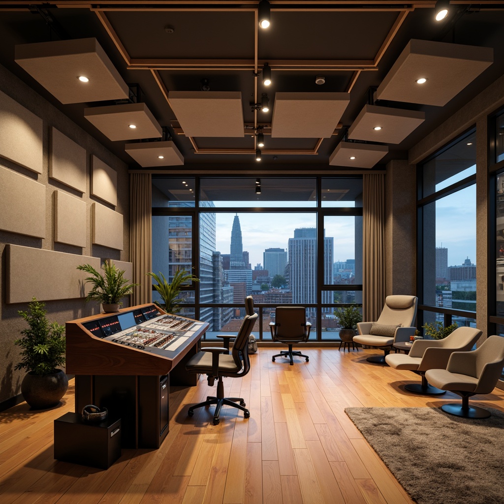 Prompt: Modern recording studio, soundproofed walls, acoustic panels, triangular diffusers, absorption materials, professional audio equipment, mixing consoles, microphones, headphones, ergonomic seating, minimal decor, dimmable LED lighting, neutral color scheme, wooden flooring, sound-insulated doors, double-glazed windows, cityscape views, urban architecture, evening atmosphere, softbox lighting, 1/2 composition, shallow depth of field, realistic textures.