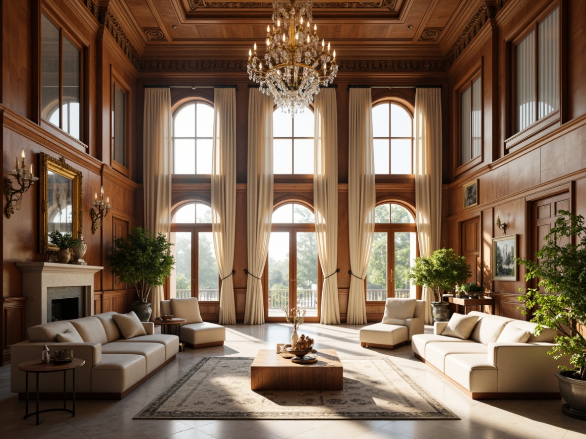 Prompt: Elegant neoclassical interior, rich wood tones, ornate furnishings, luxurious fabrics, soft gold accents, creamy whites, muted grays, warm beige, subtle marble textures, intricate moldings, high ceilings, grand chandeliers, symmetrical compositions, warm afternoon light, shallow depth of field, 1/1 composition, realistic reflections, ambient occlusion.