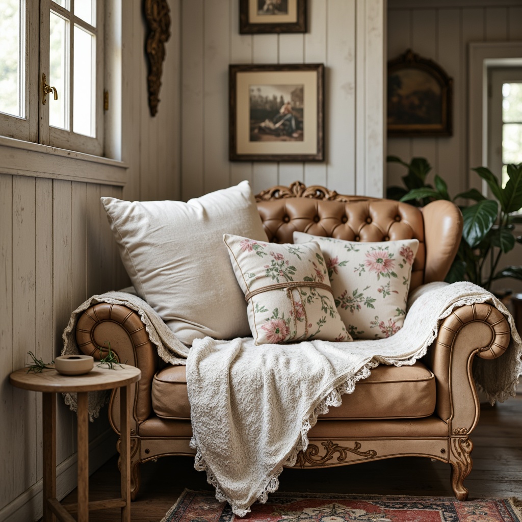 Prompt: Distressed wooden furniture, vintage decor, soft pastel colors, lace fabrics, floral patterns, ornate metal details, rusty hardware, worn leather upholstery, plush throw pillows, antique accessories, feminine touches, natural light, warm beige tones, rustic textures, organic shapes, earthy scent, cozy atmosphere, intimate setting, 1/1 composition, warm softbox lighting, subtle depth of field.