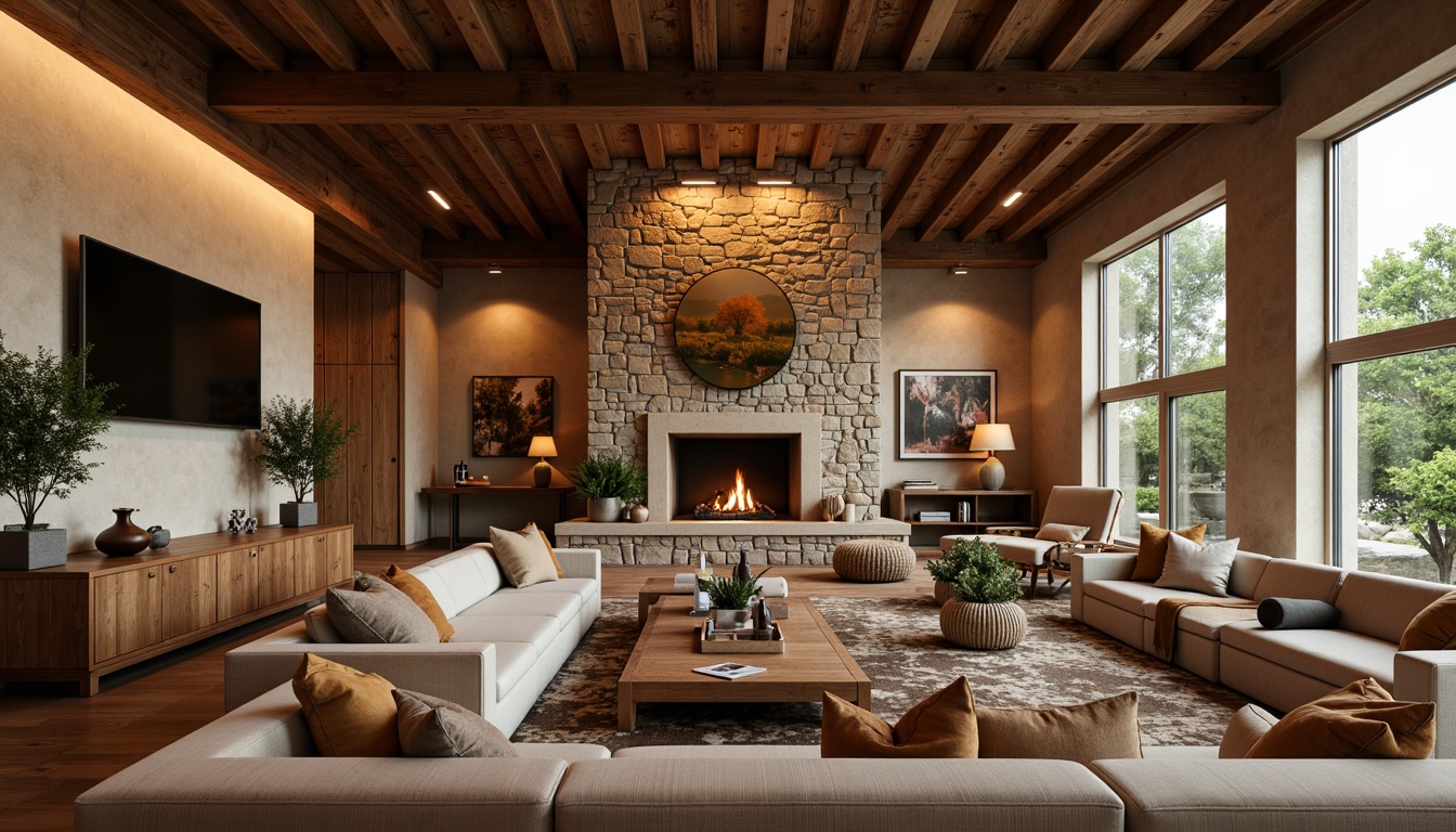 Prompt: Cozy great room, textured walls, warm earthy tones, natural stone accents, rustic wood beams, comfortable seating areas, plush throw pillows, soft warm lighting, shallow depth of field, 3/4 composition, inviting atmosphere, relaxing ambiance, serene color palette, nature-inspired decor, elegant furnishings, refined architectural details.