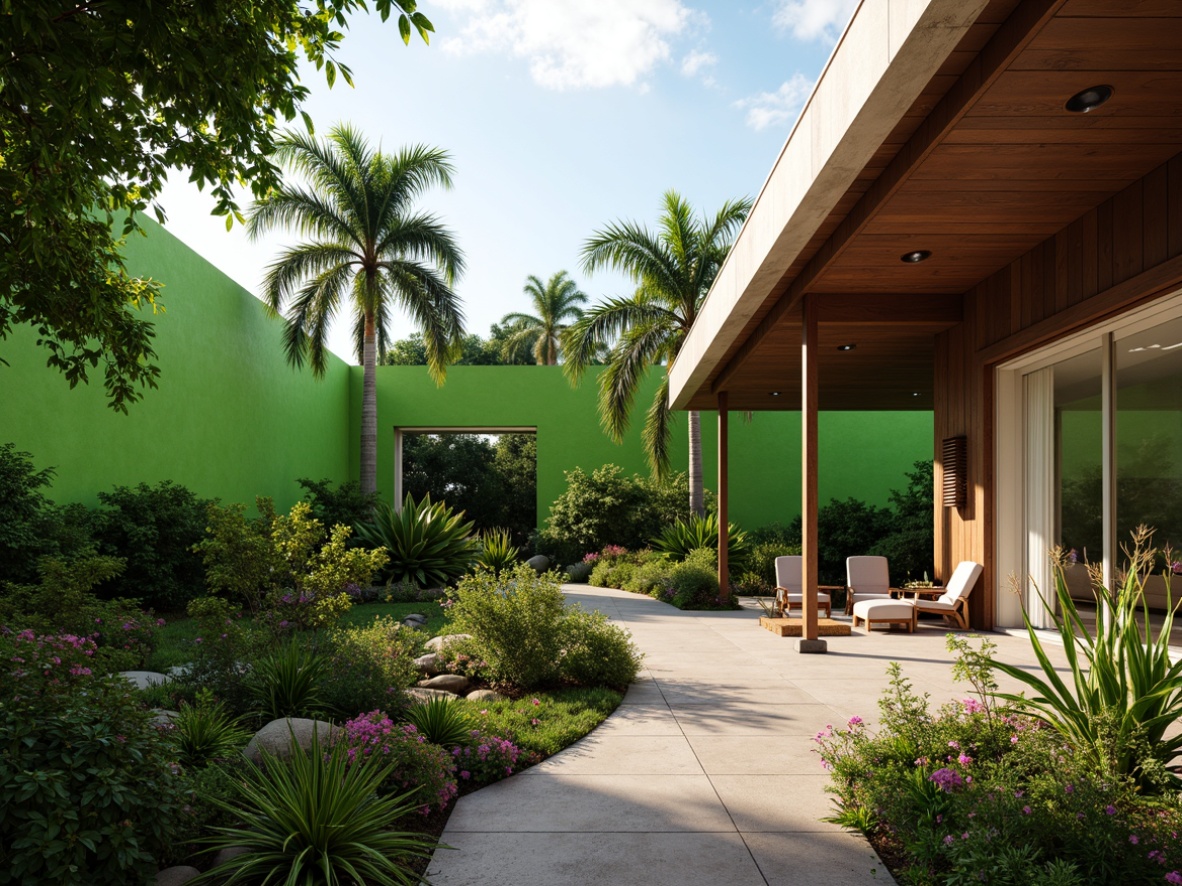 Prompt: Lush tropical garden, vibrant green walls, exotic plants, palm trees, colorful flowers, natural stone pathways, wooden decking, modern tropical architecture, large overhanging eaves, sliding glass doors, open-air living spaces, comfortable outdoor furniture, soft warm lighting, shallow depth of field, 3/4 composition, panoramic view, realistic textures, ambient occlusion.