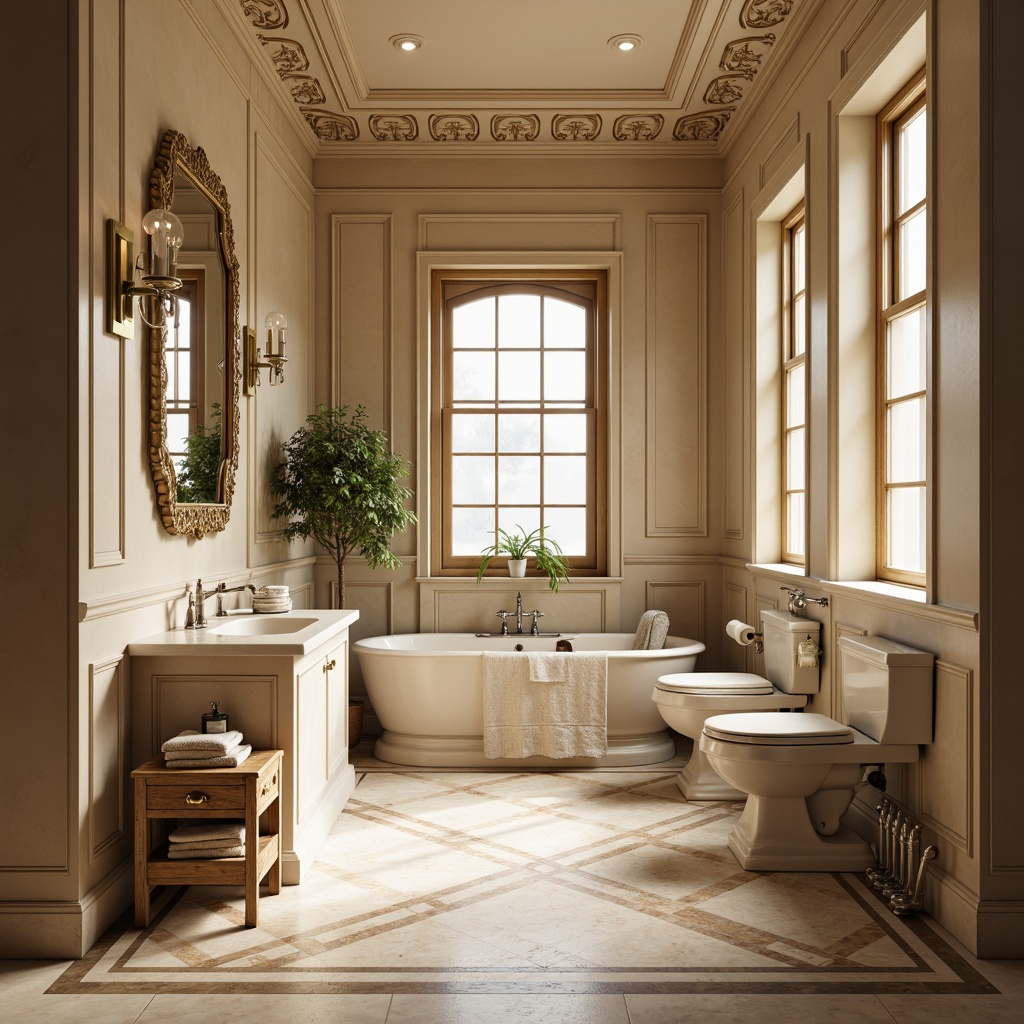 Prompt: Academic bathroom, traditional architectural details, ornate moldings, high-gloss finishes, sophisticated neutral tones, marble-inspired wall tiles, geometric patterned flooring, metallic accents, polished chrome fixtures, softbox lighting, warm beige walls, decorative wainscoting, classic pedestal sinks, ornamental mirrors, subtle texture contrasts, 1/1 composition, soft focus blur, realistic reflections.