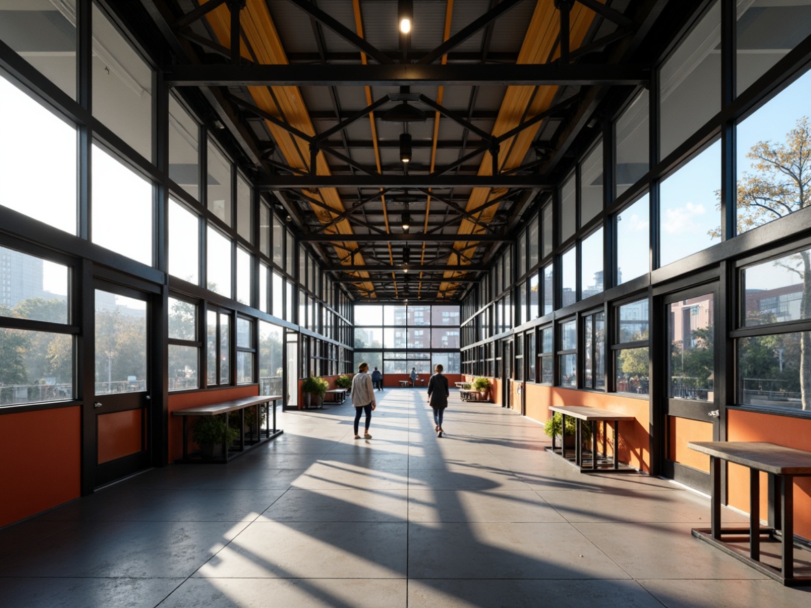 Prompt: Functional bus station, angular steel frames, rectangular windows, cantilevered roofs, industrial materials, minimalist aesthetic, bold typography, primary color accents, geometric patterns, tubular metal chairs, leather upholstery, functional lighting, urban landscape, morning commute, soft natural light, shallow depth of field, 2/3 composition, symmetrical framing, high-contrast textures, ambient occlusion.