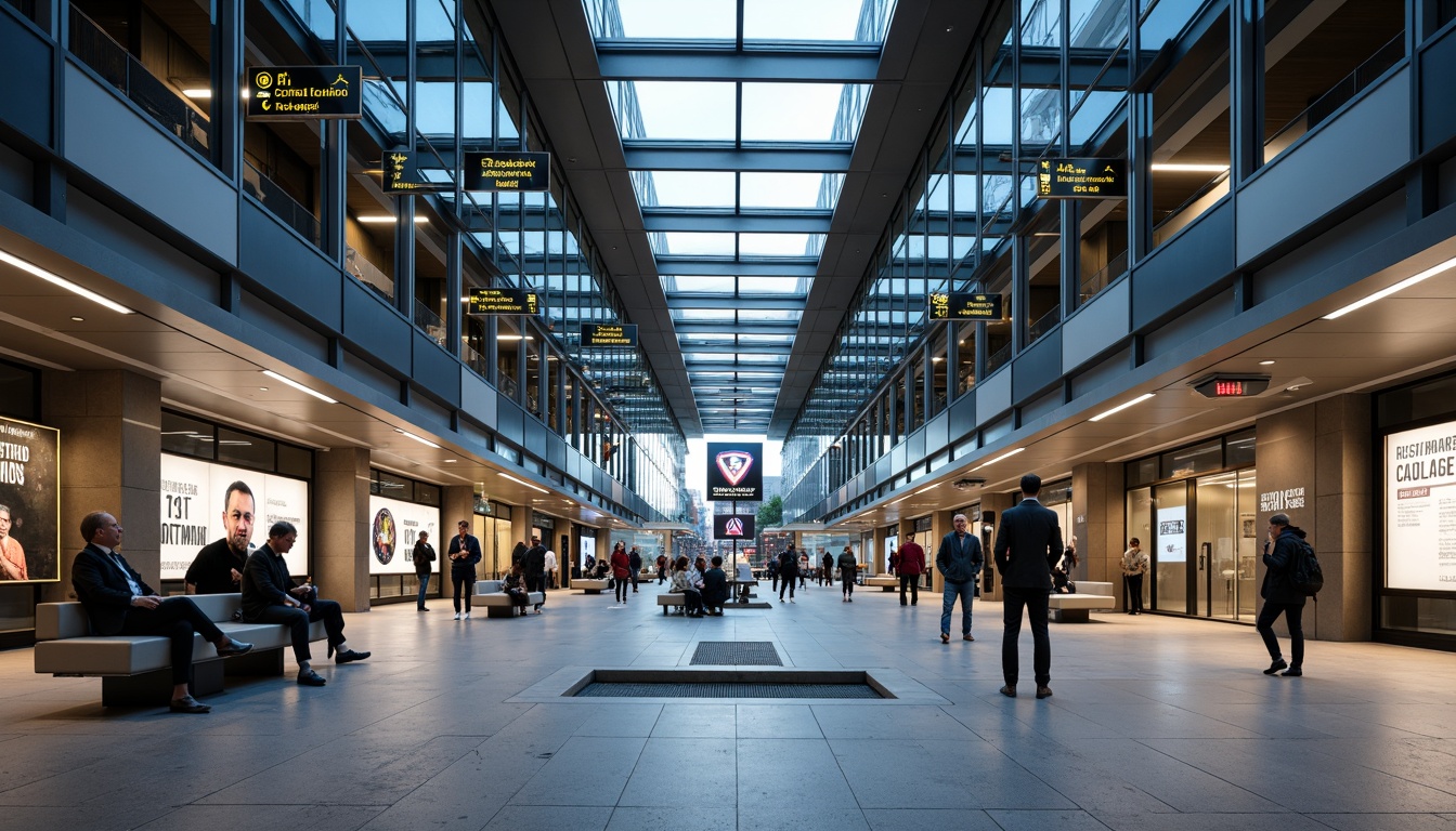 Prompt: Modern metro station, sleek glass ceilings, stainless steel railings, bright LED lighting, vibrant signage, bold typography, wayfinding arrows, clear directions, passenger information displays, real-time schedules, interactive kiosks, minimalist benches, polished granite floors, urban cityscape views, rush hour crowds, dynamic advertisements, 1/2 composition, shallow depth of field, warm color tones, subtle gradient effects.